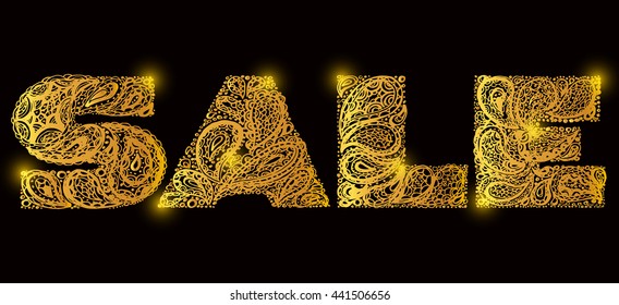 Sale. Quote lettering. Decorative Alphabet with a paisley zen doodle tattoo ornaments filling. Display font. Large letters. Hand drawn letters in old fashion vintage style. Gold color.