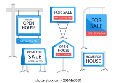 Sale real estate signs design. House, mansion, home apartment sale.  Commercial property rent, purchase. Realtor board. Sale, rent, purchase real estate ad. Vector illustration.