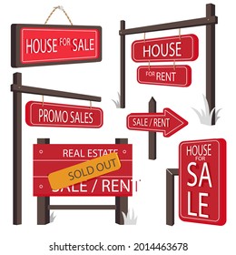 Sale real estate signs design. House, mansion, home apartment sale.  Commercial property rent, purchase. Realtor board. Sale, rent, purchase real estate ad. Vector illustration.