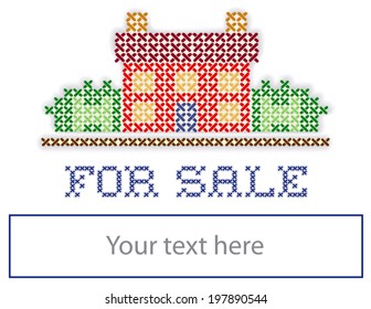 FOR SALE, Real estate yard sign, retro cross stitch embroidery design, house in landscape, blank space to personalize with your information, isolated on white background. EPS8 compatible.