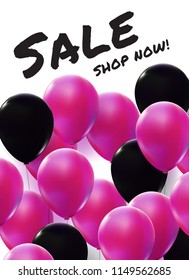 Sale with realistic black and pink balloons floating background. Vector template for sale concept