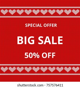 Sale red banner knitted pattern with white heart. Woolen cloth. Christmas Red Knitted Pattern. Vector illustration
