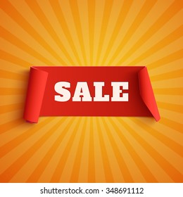 Sale, Red Banner On Orange Background With Light Rays. Vector Illustration.