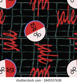 Sale red color inscription, dark grid on a dark background. Vintage vector pattern. New textures for various fashionable prints.