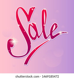 Sale. Red glossy lettering on pink violet background. Glitter effect. Stock vector illustration