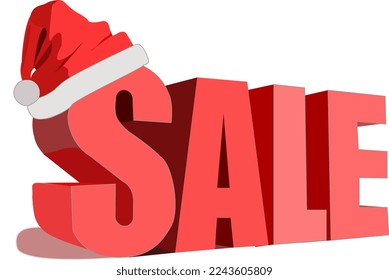 Sale red lettering with santa hat on white background new year illustration