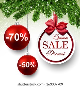 Sale red round labels. Christmas balls over starry background with fir branches. Vector illustration. 