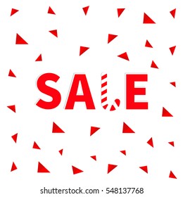 Sale red text Candy cane banner, advertising poster. Winter Merry Christmas season offer. Flat design. White background with triangles. Isolated. Vector illustration