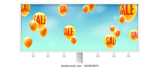 Sale, red text on yellow air balls. Billboard with inflatable balloons flying in blue sky. Creative concept for sales and discount actions. Vector 3d illustration