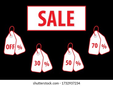 Venta de diseño de vectores de texto rojo en fondo oscuro.Precio de oferta especial 30,50,70 por ciento de descuento para el cliente en verano o en ocasiones especiales.