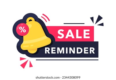 Sale reminder icon. Advertising illustration with percent sign and bell. Modern web banner element with bell. Retail, shop, social media, advertising. Sale reminder advertising sign with bell.