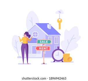 Sale Or Rent. People Renting Apartment With Online Service. Users Looking For Apartment For Rent Online. Concept Of Rent Real Estate, Home For Rent. Vector Illustration For Web Design, Landing Page