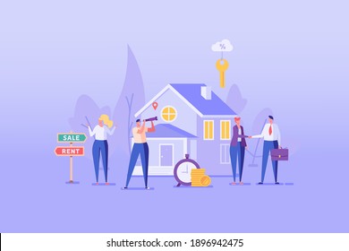 Sale Or Rent. People Renting Apartment With Online Service. Users Looking For Apartment For Rent Online. Concept Of Rent Real Estate, Home For Rent. Vector Illustration For Web Design, Landing Page