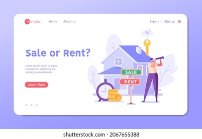 Sale Or Rent. People Renting Apartment With Online Service. Users Looking For Apartment For Rent Online. Concept Of Rent Real Estate, Home For Rent. Vector Illustration For Web Design, Landing Page