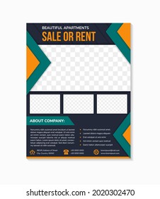 Sale or rent Real Estate Flyer, Business apartment Flyer, real estate company annual report, poster, brochure,  a4 size. rectangle space for photo collage. triangle element green and yellow.