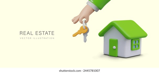 Sale, rent of real estate. Realistic house, hand holding keys. Color horizontal banner