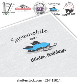 For sale and rent snowmobiles. Winter vacation and holidays. Mountain and Outdoor Adventures. Detailed elements. Old retro vintage grunge. Typographic labels, stickers, logos and badges