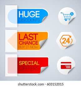 Sale and retail labels set with special discounts symbols paper style isolated vector illustration