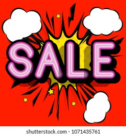 Sale - retro lettering with shadows, halftone pattern on retro poster  background. Vector bright illustration in vintage pop art style.