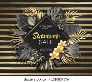 Sale. Rhombus summer sale tropical leaves frame on striped backdrop. Tropical flowers, leaves and plants background. Gold and black
