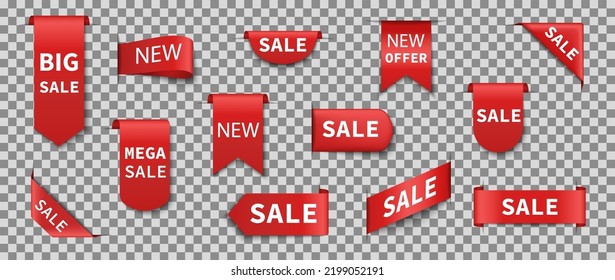 Sale ribbon. Red ribbons with mega sale, new and offer. Discount tag for promotion. Design banners for price, product and exclusive offers. Collection of labels with premium quality. Vector.