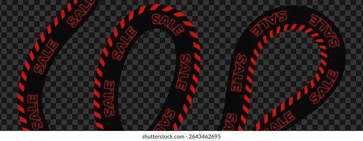 Sale ribbon with red striped tape and outline text for ecommerce promo banners, online discount campaigns, shopping ads, website designs. Isolated on transparent background. Vector illustration.