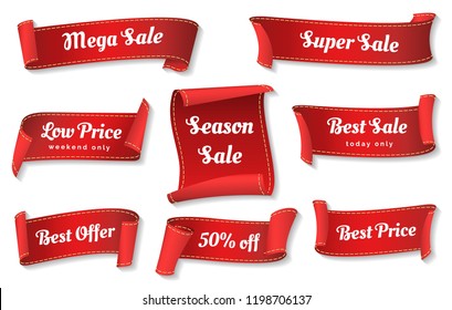 Sale ribbons. Red ribbons price badges isolated on white background, glossy cheap sales tags collection or promotion vector labels