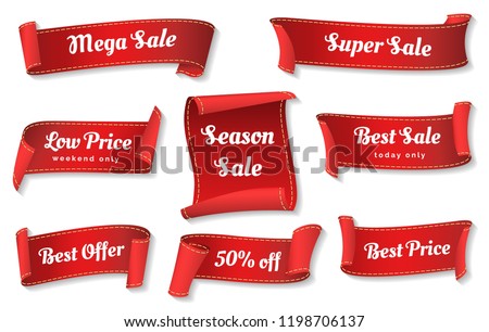 Sale ribbons. Red ribbons price badges isolated on white background, glossy cheap sales tags collection or promotion vector labels