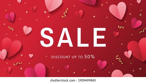 Sale romantic banner or flyer concept for Valentine's Day holiday. Pink and red paper hearts with golden confetti on the red background. - Vector illustration