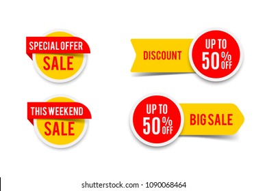 Sale round banner set, circle special offer tag collection. Hot deal 50% off badge template, this weekend only sale icon