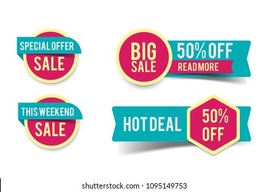 Sale round banner set, circle special offer tag collection. Hot deal 50% off badge template, this weekend only sale icon, vector elements, eps10