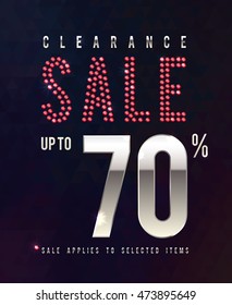 Sale Ruby Poster. 70 percent off, vector sale banner with red diamond jewelry letters and silver letters on black