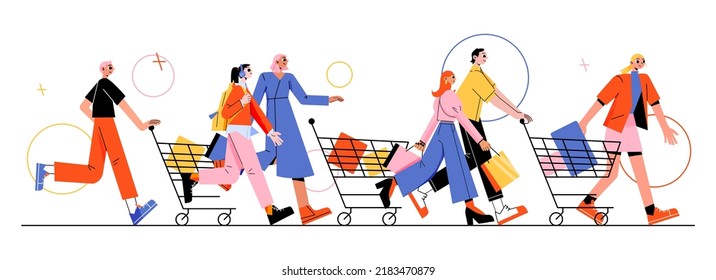 Sale run concept with happy people with shopping carts rush to store. Vector flat illustration of discount in mall, black friday sale with running customers and shoppers