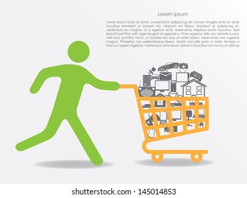 sale. running man with shopping cart. vector eps10