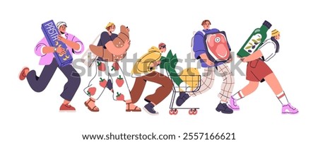Sale rush concept. Shopping at grocery store, buying food at discounts. Shoppers, consumers, buyers running, hurrying with supermarket cart. Flat vector illustration isolated on white background