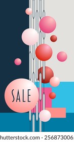Sale. Sales poster with geometric elements, flamingo and bubbles in blue, red and pink tones.