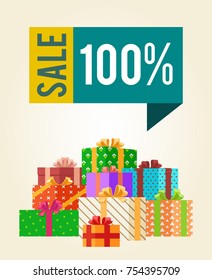Sale save 100% push buttons on promo labels on banners with gift boxes vector illustration poster with piles of presents in color wrapping paper