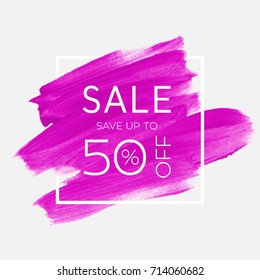 Sale save up to 50% off sign over watercolor art brush stroke paint abstract background vector illustration. Perfect acrylic design for a shop and sale banners.