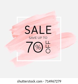 Sale save up to 70% off sign over watercolor art brush stroke paint abstract background vector illustration. Perfect acrylic design for a shop and sale banners.