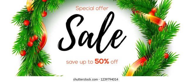 Sale, save up to fifty percent. Christmas wreath from naturalistic pine branches decorated with red ribbon and berries. Design of lettering. Promotions of reduction of price. Vector 3d illustration.