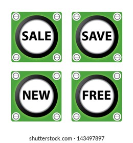 Sale, Save, New, Free stickers, signs and labels set. Vector