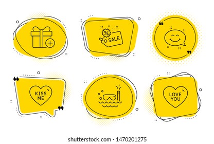 Sale, Scuba diving and Love you signs. Chat bubbles. Add gift, Smile chat and Kiss me line icons set. Present box, Happy emoticon, Love sweetheart. Shopping tag. Holidays set. Vector