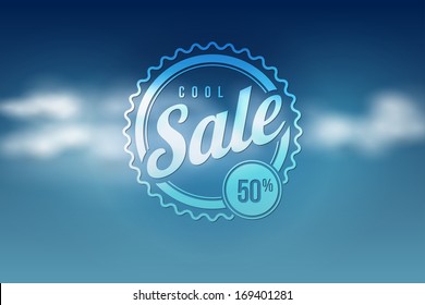 Sale seal on cloudy blue sky vector illustration.