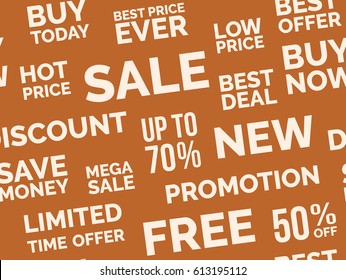 Sale seamless pattern background vector image. Different words about sales discount and bonuses.