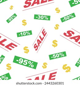 ¡Rebajas! Patrón sin costuras. Oferta de Black Friday. Con palabras, descuentos y un dólar. Coloreado