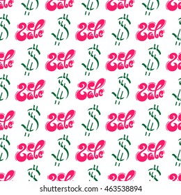 Sale seamless pattern with dollar symbols on white background. Doodle discount shopping background. Vector illustration.