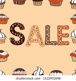 Sale. Seamless pattern. Illustration in brown, white and beige colors. Premium handmade vector lettering and calligraphy phrase for invitation, greeting card, t-shirt, prints, banners and posters.