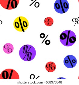 Sale seamless pattern with percent on the colored circles. Vector background.