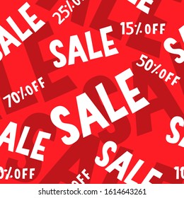 Sale seamless pattern. White words and numbers on a red background for advertisement design or shop decoration. 