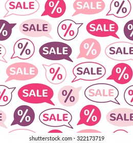 Sale seamless vector pattern. Speech bubbles with word SALE and percent. Shades of pink, violet and lilac. Flat design.